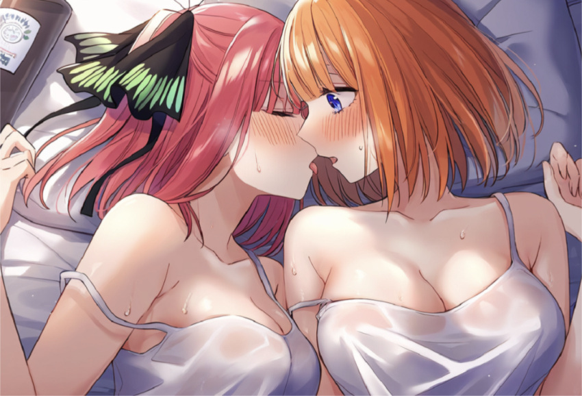 ai_generated blue_eyes blush closed_eyes go-toubun_no_hanayome incest kissing nakano_nino nakano_yotsuba orange_hair red_hair sisters straps_off_shoulders tongue yuri