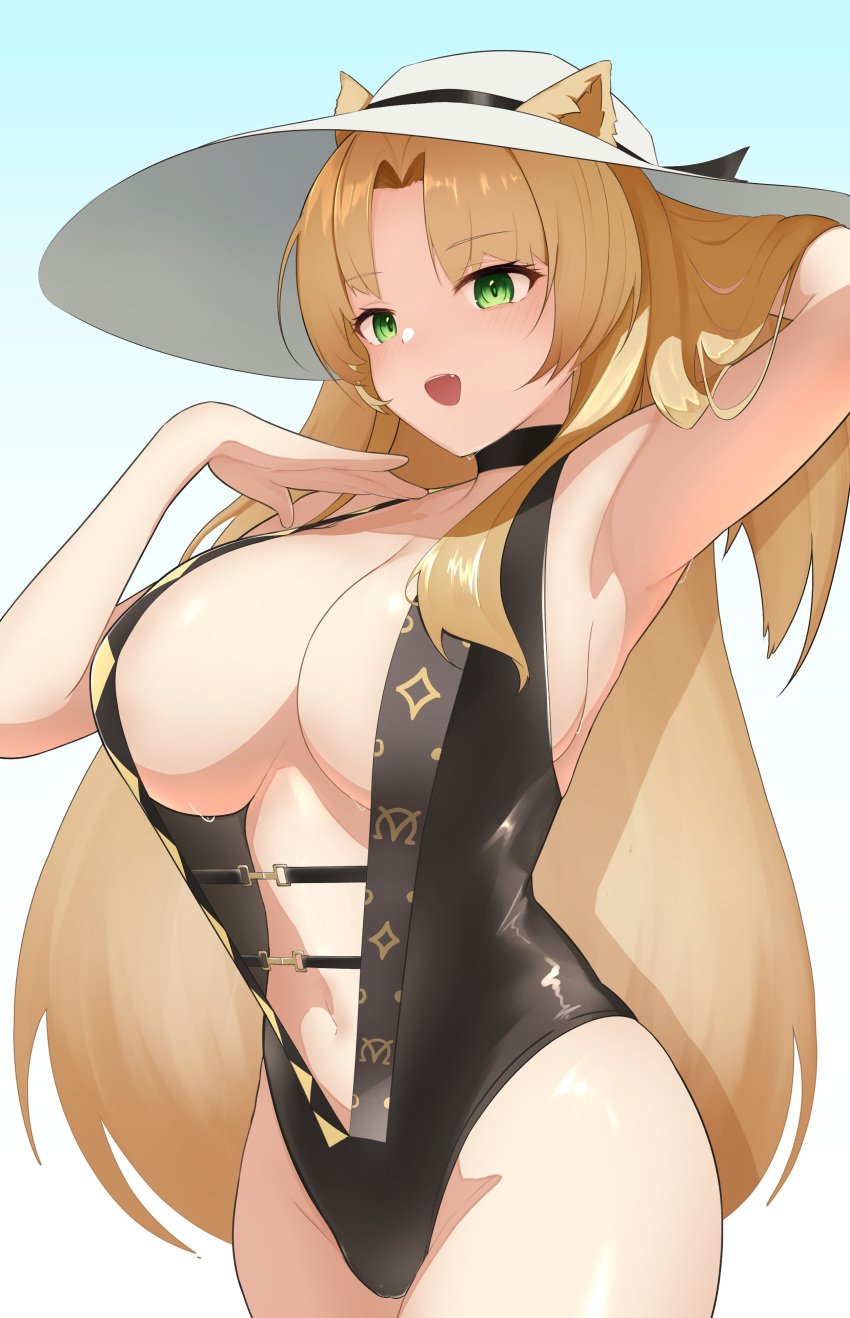 aoi_mochio arknights cleavage hat hi_res huge_breasts one-piece_swimsuit swimsuit swire_(arknights)