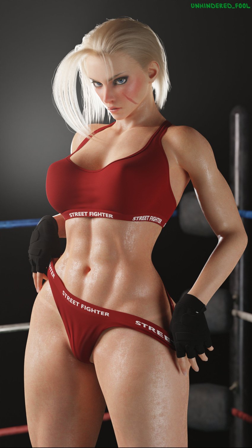 3d abs ass big_ass big_breasts blonde_hair bra breasts cammy_white capcom fit fit_female gym short_hair street_fighter street_fighter_6 the_unhindered_fool thick_thighs thong