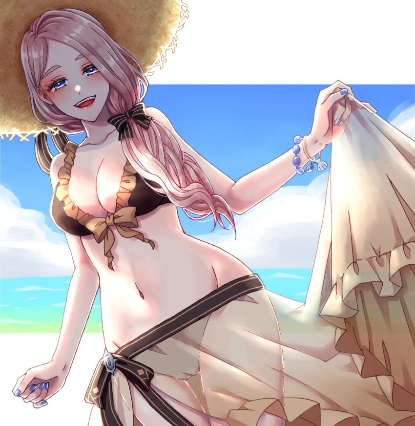 alternate_costume bikini blonde_hair breasts brown_bikini brown_swimsuit female female_only fire_emblem fire_emblem:_three_houses fire_emblem_heroes frill_maple hat mercedes_von_martritz mercedes_von_martritz_(summer) nintendo official_alternate_costume solo swimsuit