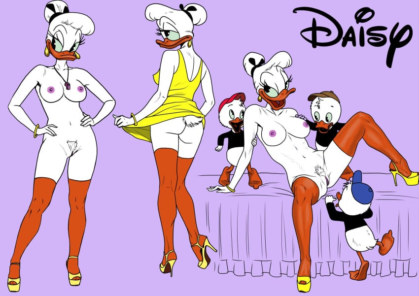 age_difference anthro avian bad_parenting bird bottomless breasts clothed clothing daisy_duck dewey_duck disney dress duck female group hi_res high_heels huey_duck larger_female legwear louie_duck male nipples nude older_female open_toe_shoes pandoras_box presenting presenting_pussy pubes pussy size_difference smaller_male soft_feathers spread_legs spreading stockings thigh_highs young younger_male