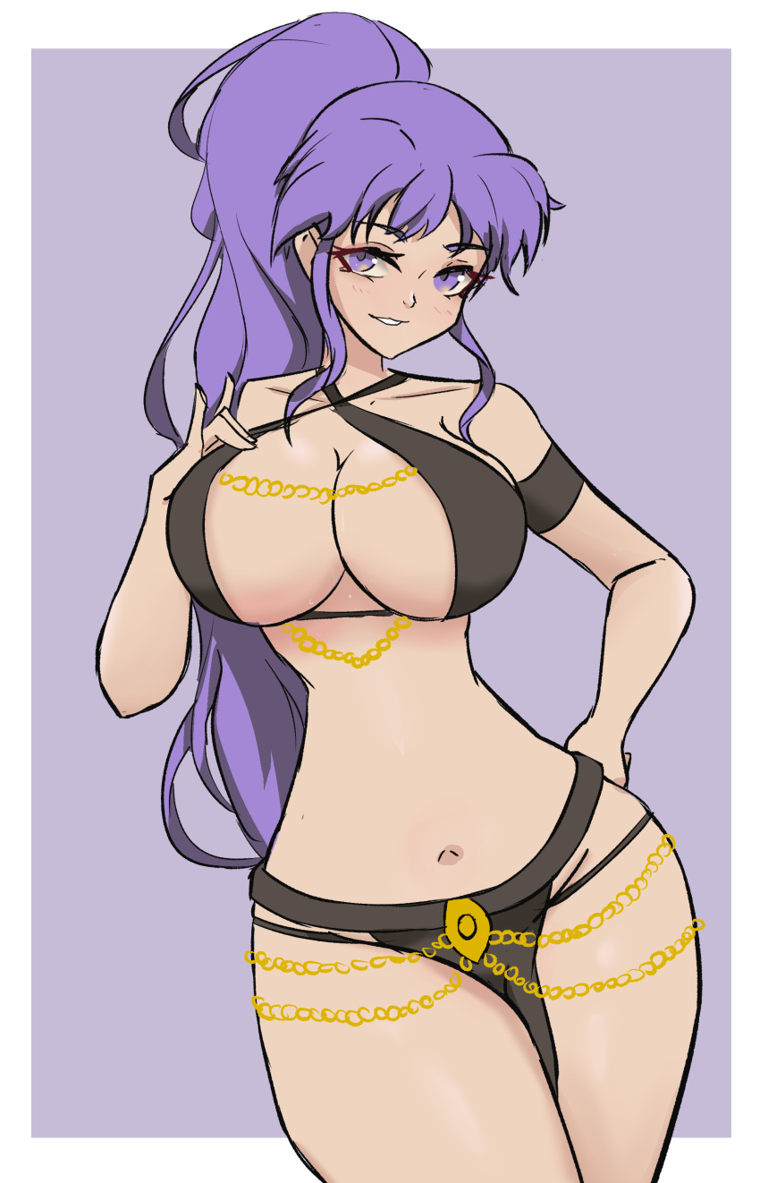 1girls bare_arms bare_midriff bare_shoulders breasts cleavage collarbone female female_only fire_emblem fire_emblem:_genealogy_of_the_holy_war grin hand_on_own_chest hourglass_figure in2naps ishtar_(fire_emblem) large_breasts long_hair looking_at_viewer midriff nintendo pelvic_curtain purple_eyes purple_hair shoulders smile solo very_long_hair wide_hips yomorio_lingerie