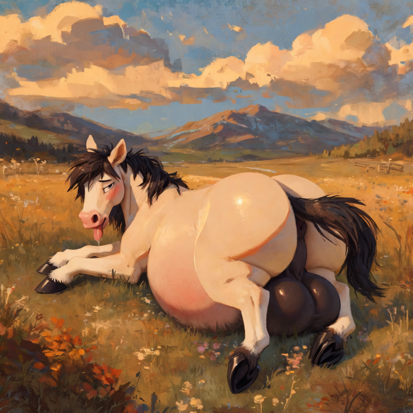 ai_generated blush cel_shading close-up cloudy_sky detailed_eyes feral field flat_colors hooves horse huge_ass huge_balls lineless looking_at_viewer male male_pregnancy nude on_belly on_stomach perineum pregnancy pregnant pregnant_feral pregnant_male quadruped saliva stable_diffusion tail thick_thighs tongue_out