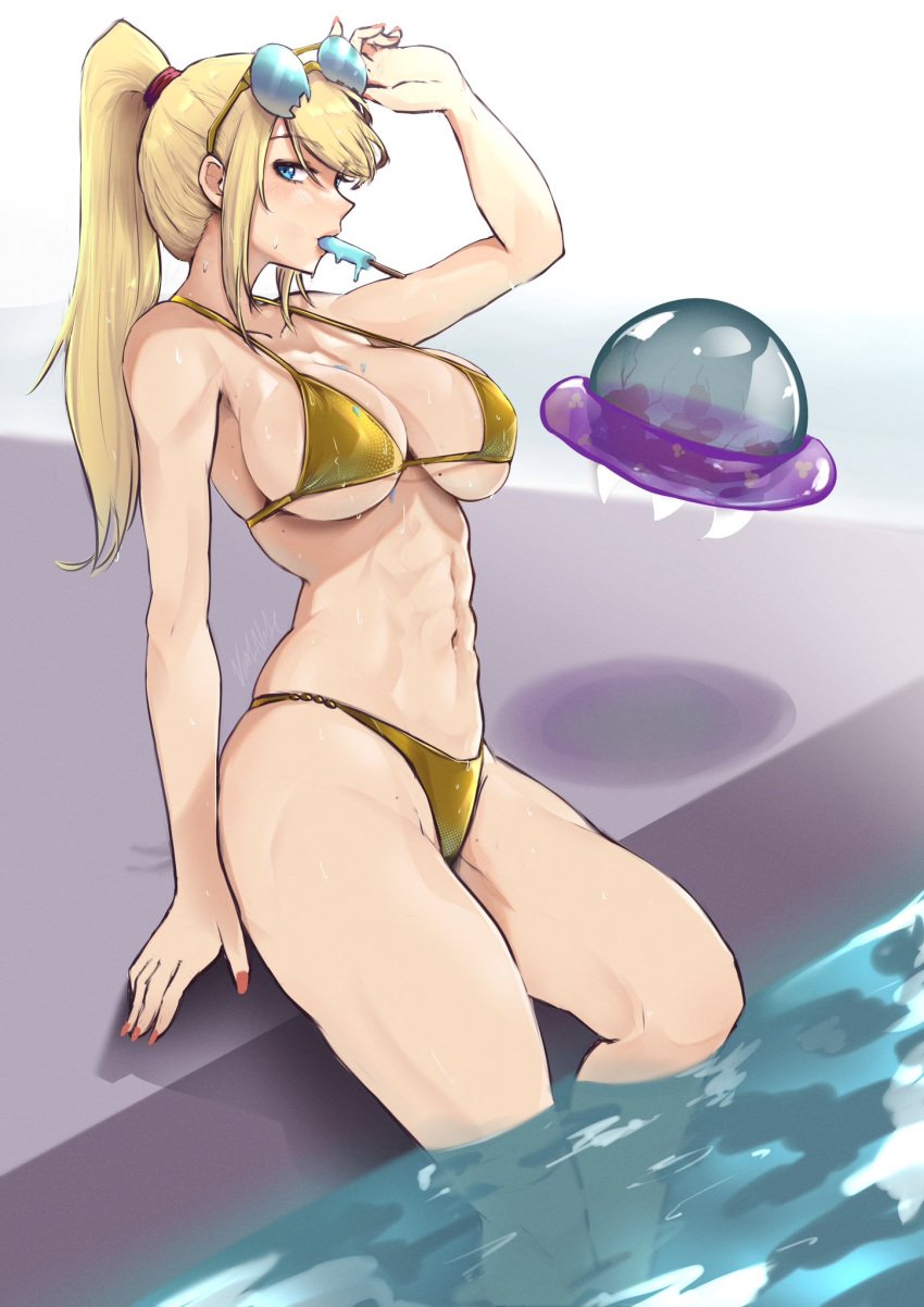 1girls abs big_breasts bikini blonde_hair blue_eyes busty gold_bikini light-skinned_female light_skin metroid metroid_(creature) nintendo painted_fingernails painted_nails ponytail pool popsicle samus_aran sunglasses_on_head swimsuit vialnite