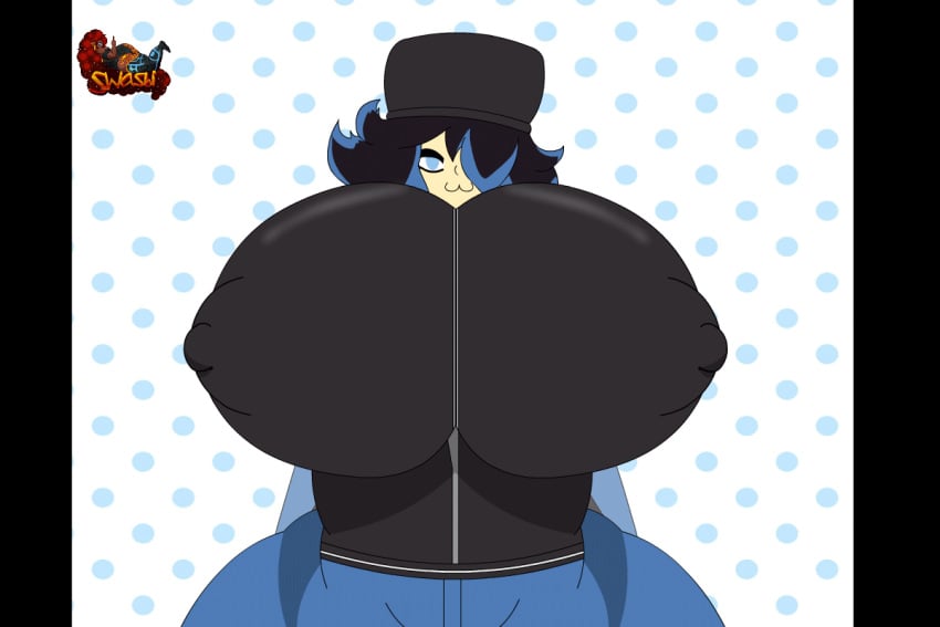 4th_wall animated breast_expansion busty_boy cody_(bigb00baboi) dyed_hair gif gigantic_breasts growing_breasts huge_breasts male_breast_expansion male_only male_with_breasts solo suprised suprised_look swasbi_(artist)