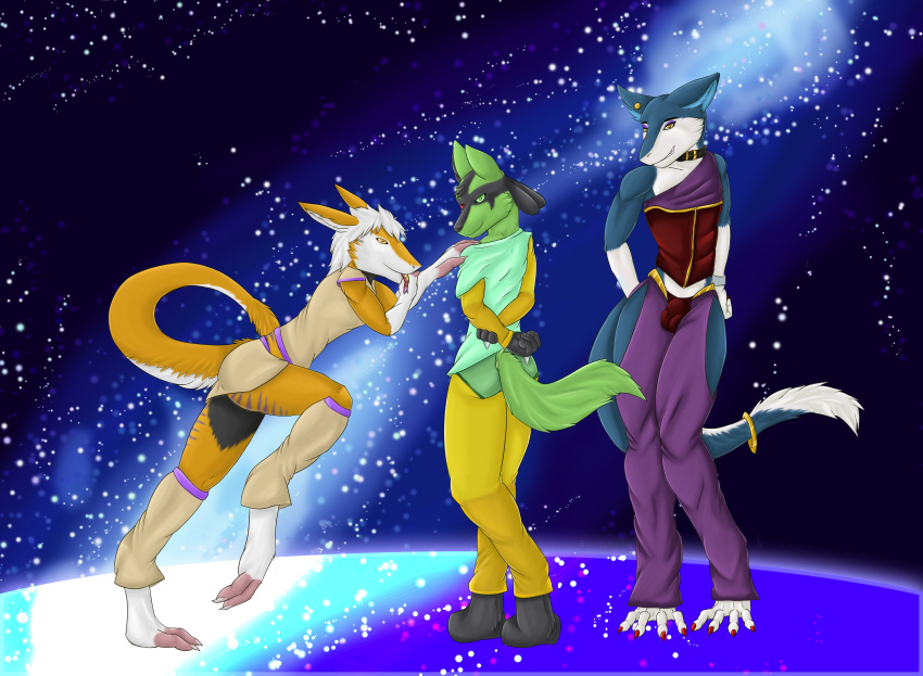 2016 anthro bracelet bulge clothed clothing corset crossdressing daysir fur girly green_eyes green_fur hair heterochromia hi_res howlfeiwolf ivanthelucario_(character) jewelry johnsergal_(character) legwear looking_at_viewer lucario male nintendo panties piercing pokemon pokemon_(species) red_eyes scar sergal skirt smile space tongue tongue_out underwear video_games yellow_eyes