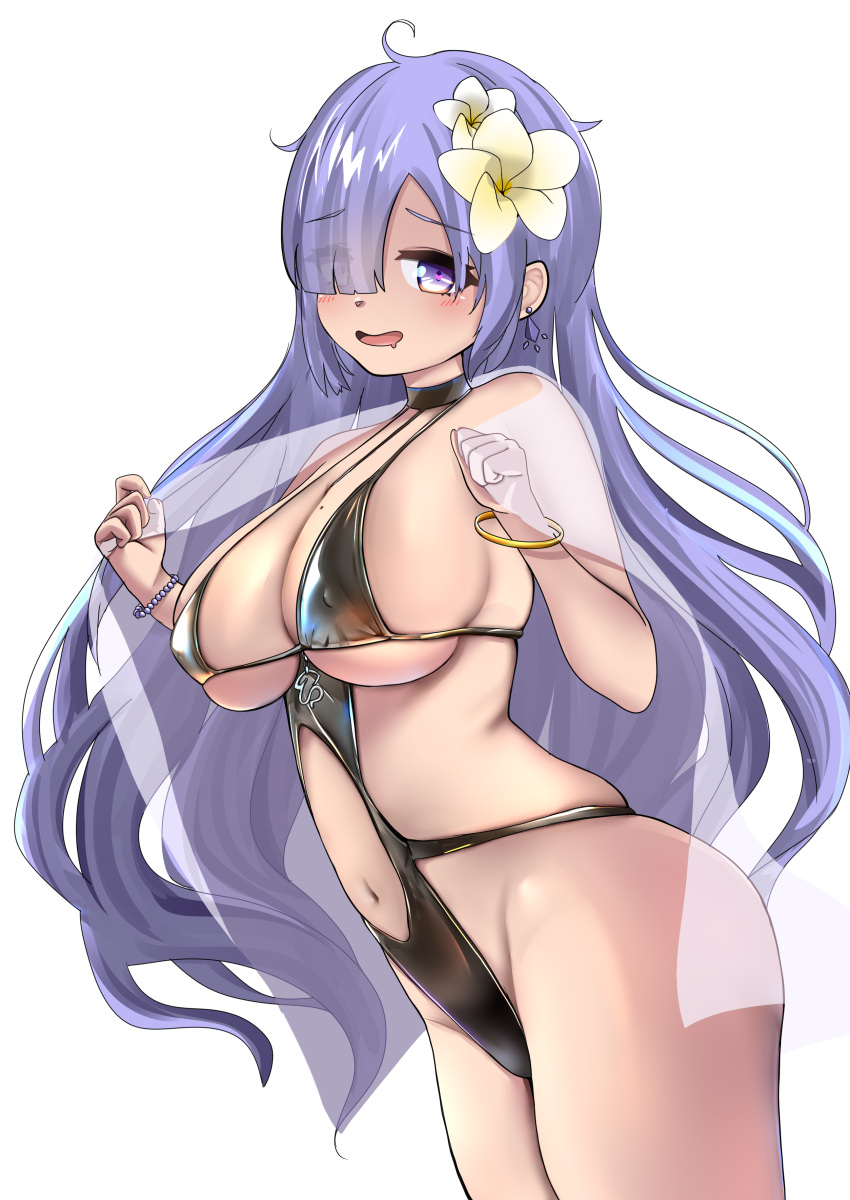 1girls absurdres azur_lane bikini black_bikini blush breasts dedorudy drooling earrings female flower hair_flower hair_ornament highres jewelry large_breasts light-skinned_female light_skin long_hair looking_at_viewer mogador_(azur_lane) mogador_(locker_room_lechery)_(azur_lane) naughty_face navel official_alternate_costume purple_eyes purple_hair simple_background solo swimsuit very_long_hair vichya_dominion_(azur_lane) white_background