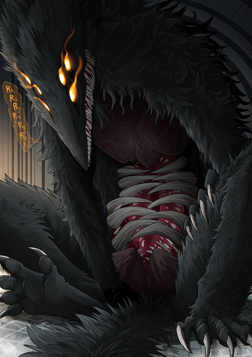 6_eyes ambiguous_gender anthro chest_mouth claws clothing dark_souls feral fromsoftware hi_res monster multi_eye open_mouth rib_cage ribs size_difference solo sulyvahn's_beast teeth teeth_showing teratophilia zeptophidia