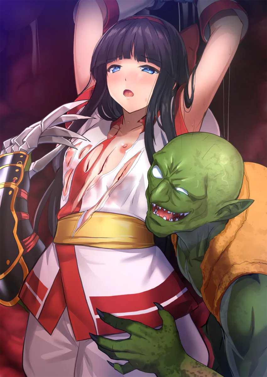 1boy 1girls ainu_clothes armpits arms_up black_hair blood blue_eyes blush bondage bound breasts claw defeat defeated defeated_heroine evil_smile female genan_shiranui hair_ribbon highres injury legs long_hair male moaning molestation nakoruru nipples no_bra open_mouth pants ribbon samurai_shodown small_breasts smile snk sweat thighs torn_clothes weapon