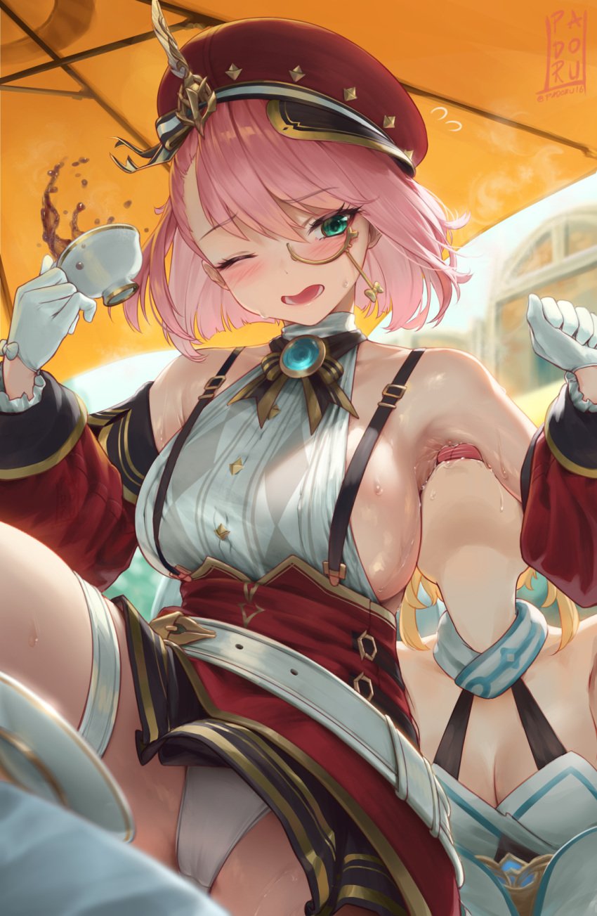 2girls aqua_eyes armpit_fetish armpits breasts charlotte_(genshin_impact) dress female female_only genshin_impact hat large_breasts licking licking_armpit lumine_(genshin_impact) monocle padoruu pink_hair sideboob tea tongue tongue_out upskirt yuri