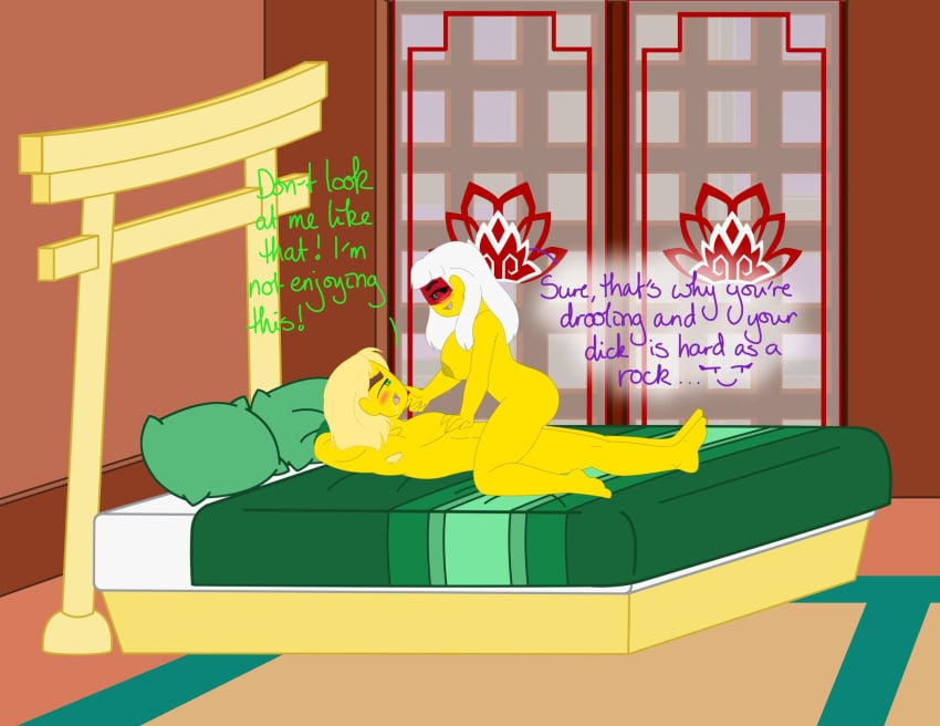 bedroom cowgirl_position duchess_pixal hairy_armpits harumi_(ninjago) lego lloyd_garmadon ninjago sons_of_garmadon_(ninjago) tied_hands white_hair