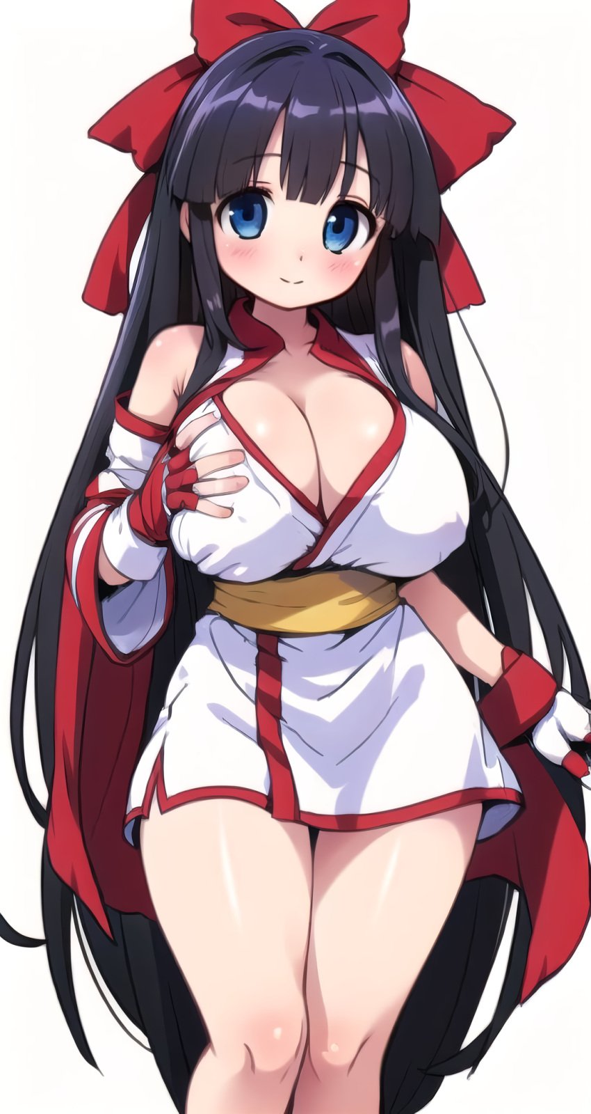 1girls ainu_clothes big_breasts blue_eyes breast_grab breasts busty cleavage female female_only fingerless_gloves gloves hand_on_own_chest hi_res huge_breasts king_of_fighters legs looking_at_viewer nakoruru purple_hair samurai_shodown self_fondle smile snk solo thighs