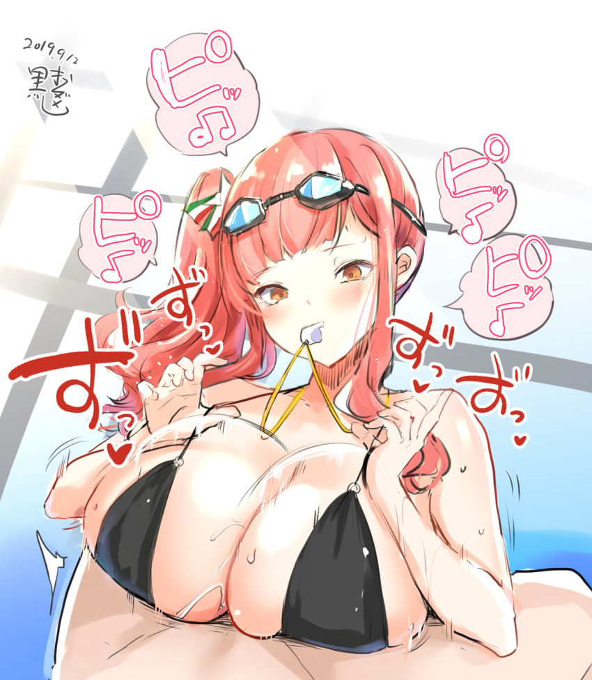 1boy 1girls afterimage azur_lane bikini bikini_top black_bikini blowing_whistle covered_paizuri dated engulfing_paizuri female goggles goggles_on_head highres kurokawa_otogi light-skinned_female light-skinned_male light_skin long_hair motion_lines paizuri paizuri_lead_by_female paizuri_under_bikini red_hair sardegna_empire_(azur_lane) signature skinship sound_effects swimsuit swimsuit_paizuri swimsuit_top swimzuri whistle zara_(azur_lane) zara_(poolside_coincidence)_(azur_lane)