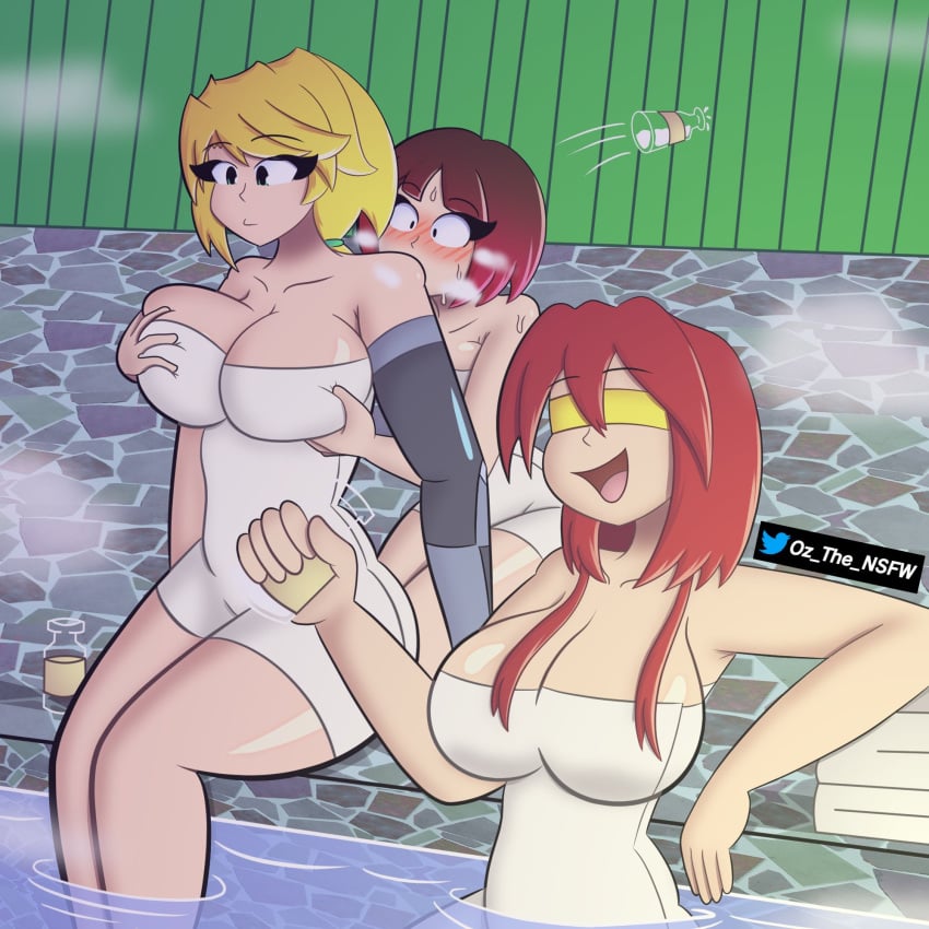 alisha alisha_ahsila bathtub bete_noire betty_noire big_breasts breasts brown_hair elia glitchtale long_hair oz_the_freak robotic_arm short_hair towel water yellow_hair z!betty zixy