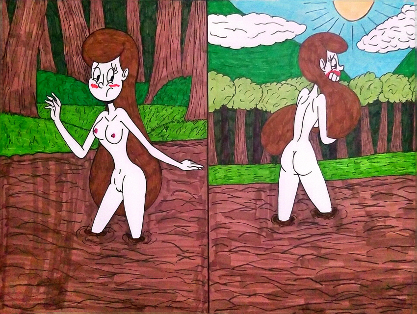 ass blushes blushing breasts commission_art distress female female_only forest forest_background handdrawn mud nipples oc olivia_goldworth original original_character pencilwalker quicksand solo tagme woods