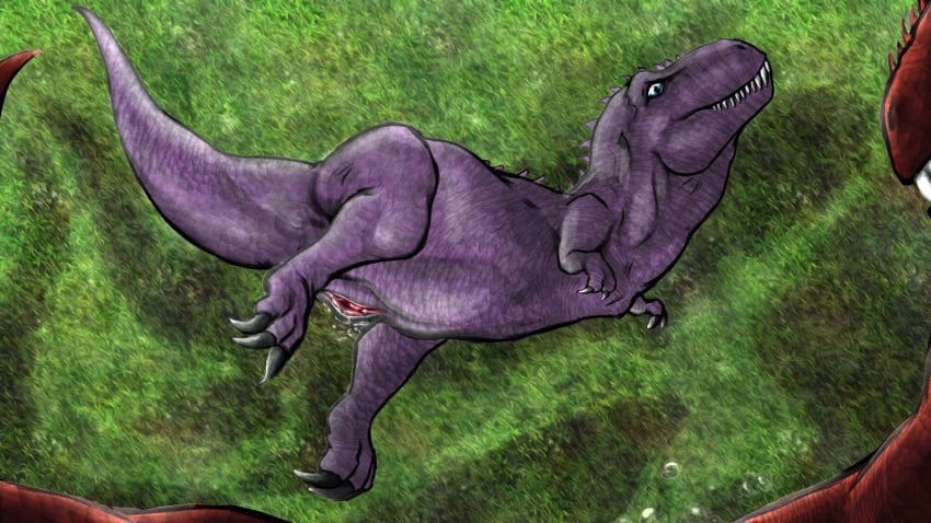 16:9 ambiguous_gender bodily_fluids bredtolove_(artist) claws colored detailed_background digital_media_(artwork) digital_painting_(artwork) dinosaur duo female female/ambiguous feral genital_fluids genitals grass hi_res plant prehistoric_species presenting presenting_pussy purple_body pussy red_body reptile scales scalie shaded teeth teeth_showing textured theropod tyrannosaurid tyrannosauroid tyrannosaurus tyrannosaurus_rex vaginal_fluids widescreen