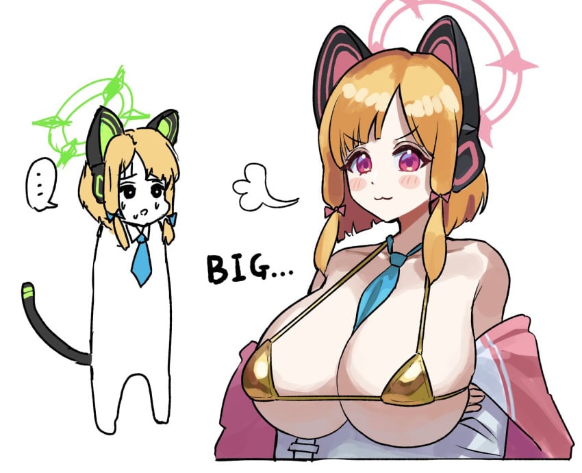 ... 2girls alternate_breast_size animal_ear_headphones animal_ears bikini blonde_hair blue_archive blue_necktie blush bow breasts closed_mouth fake_animal_ears game_development_department_(blue_archive) gold_bikini green_eyes hairbow halo headphones jacket large_breasts long_sleeves midori_(blue_archive) millennium_science_school_student momoi_(blue_archive) multiple_girls necktie open_clothes open_jacket pink_halo red_bow red_eyes short_hair siblings simple_background sisters smile spoken_ellipsis suzume_b swimsuit twins white_background white_jacket