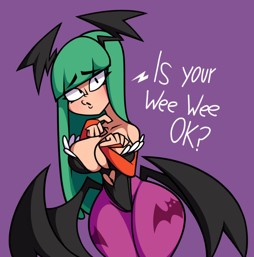 1girls bat_wings concerned darkstalkers eyebrows eyebrows_visible_through_hair female female_only green_hair large_breasts looking_back metuloser404 morrigan_aensland solo solo_female solo_focus succubus talking_to_viewer text thick_thighs thighs wide_hips wings_on_head