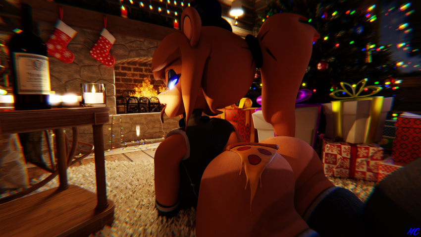 1girls artist_name ass christmas christmas_tree female female_only five_nights_at_freddy's freddy_(fnaf) fredina's_nightclub fredina_(cally3d) frenni_fazclaire looking_back magiccorpo27481 pizza pizza_on_ass solo tagme