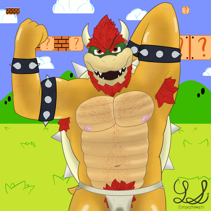 1:1 4_fingers absurd_res anthro armwear aroused beard body_hair bowser chest_hair clothing daddyfication facial_hair fingers flexing flexing_bicep funny_background gay hair handwear hi_res horn jockstrap koopa male male_only mario_(series) nintendo nipples open_mouth outdoors presenting pubes scalie shell solo super_mario_bros. tail teeth underwear wet wet_clothing wet_jockstrap yose_stones