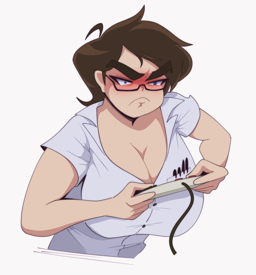 1girls angry angry_face angry_video_game_nerd avgn big_breasts brown_hair cleavage genderswap_(mtf) glasses hi_res holding_controller huge_breasts james_rolfe rule_63 simple_background solo spotty_arts uncensored videogame white_background youtube