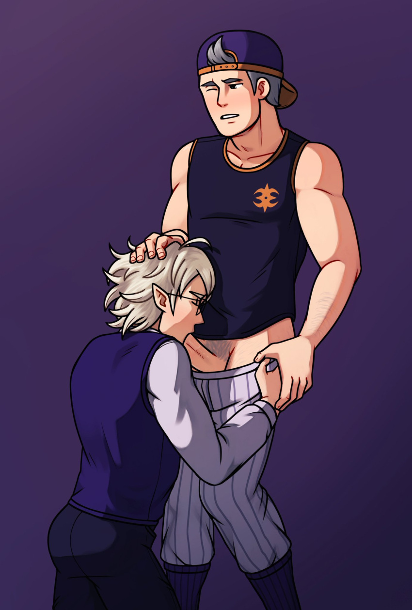 bara baseball_uniform corrin_(fire_emblem) corrin_(fire_emblem)_(male) fire_emblem fire_emblem_fates gay gay_blowjob jock nerd silas_(fire_emblem) soupyeel