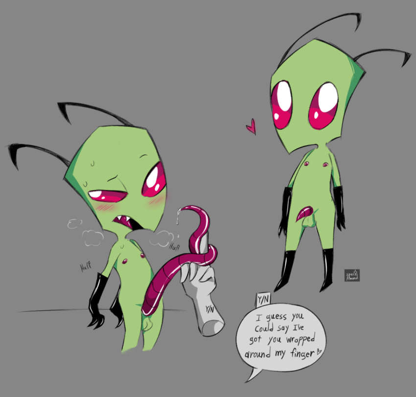 alien alien_genitalia antennae_(anatomy) balls blush bodily_fluids boots clothing digital_media_(artwork) duo english_text footwear genital_fluids genitals gloves green_body grey_background handwear invader_zim irken leaking_precum male nickelodeon nipples open_mouth penis precum prehensile_penis red_eyes sharp_teeth simple_background spec_almond_(artist) speech_bubble sweat sweatdrop teeth text zim_(invader_zim)