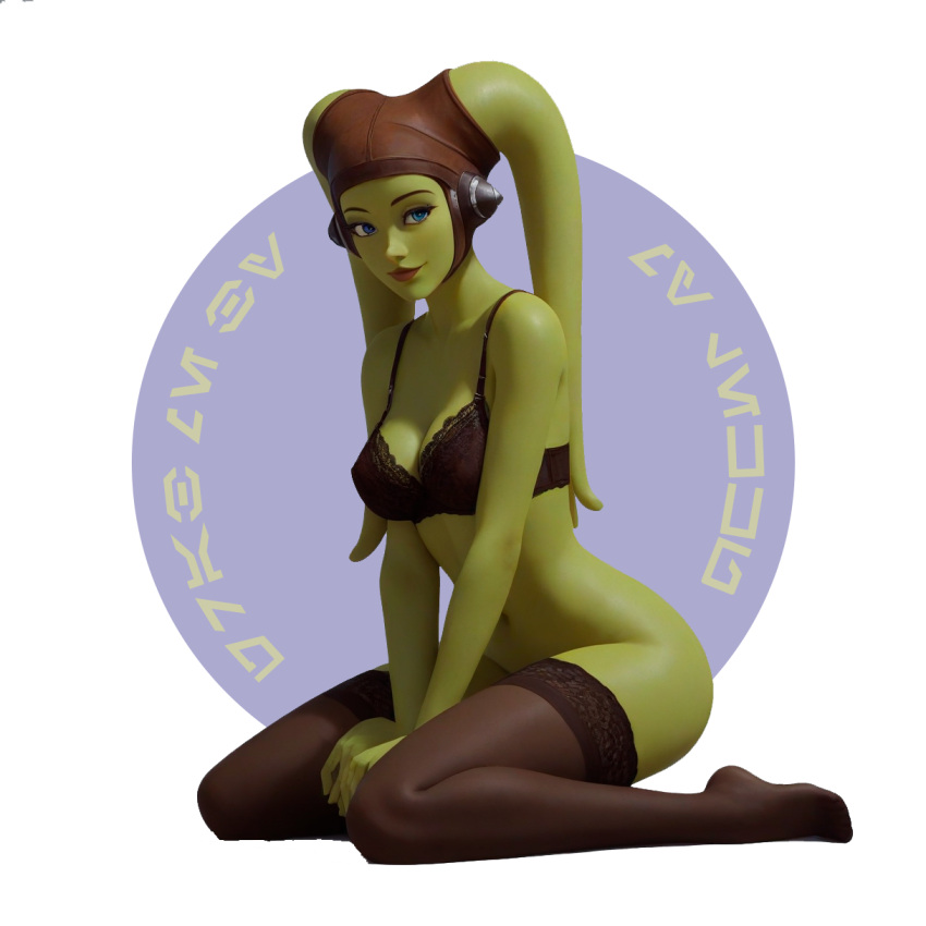 ai_generated alien alien_girl bottomless bra duchess_eugene green_body green_skin headband headgear headwear hera_syndulla laat/i lace lace-trimmed_bra lace-trimmed_legwear lace-trimmed_thighhighs lace_trim legwear lekku lekku_(anatomy) lingerie lingerie_only nose_art pinup sitting star_wars star_wars_rebels thigh_highs thighhighs twi'lek