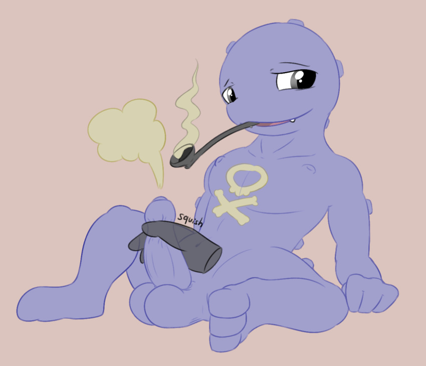 1boy 3_toes anthro anthrofied balls barefoot cum cumshot cute_fang disembodied_hand erection fondling gas grey_eyes half-closed_eyes humanoid_penis koffing looking_at_viewer male male_only nintendo nude onomatopoeia open_mouth orgasm penis pipe pokemon posexe purple_skin simple_background sitting smile smoke smoking solo sound_effects spread_legs spreading squish teeth toes tongue uncut video_games