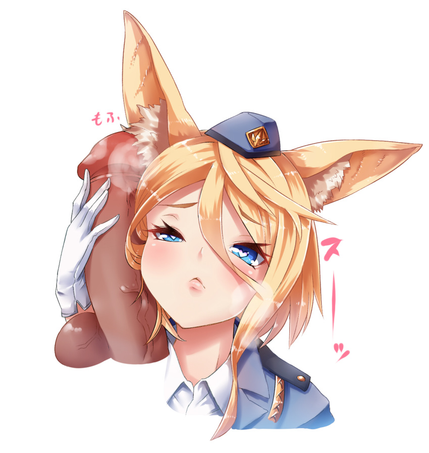 :< amatelas animal_ears blue_eyes female fourragere fur gloves hair hat headgear heart heart-shaped_pupils highres penis pointy_chin short_hair simple_background steam symbol-shaped_pupils testicles veins veiny_penis