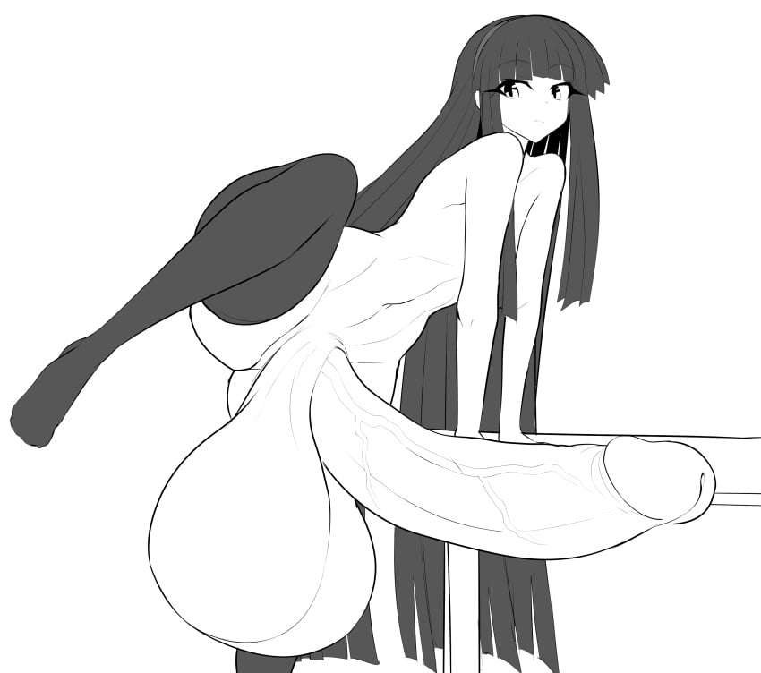 1futa balls bangs bare_shoulders black_hair black_thighhighs blunt_bangs closed_mouth erection expressionless futa_only futanari gigantic_penis gigantic_testicles hairband human intersex intersex_only jadf jadf-tan leaning_on_object leg_lift leg_up lifting_leg long_hair looking_at_viewer monochrome navel no_shoes nude original_character penis simple_background sketch solo standing table thighhighs toned veins veiny_penis very_long_hair