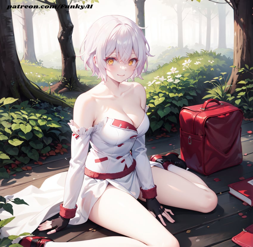 ai_generated funkylewdai in_forest jeanne_(vanitas_no_carte) sitting white_hair yellow_eyes