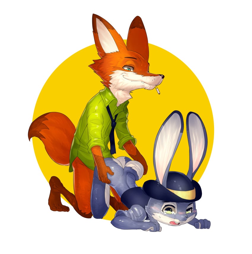 1boy ass blush bunny_ears bunny_tail clothed_sex clothing disney doggy_style female fengmo furry judy_hopps nick_wilde sex tears zootopia