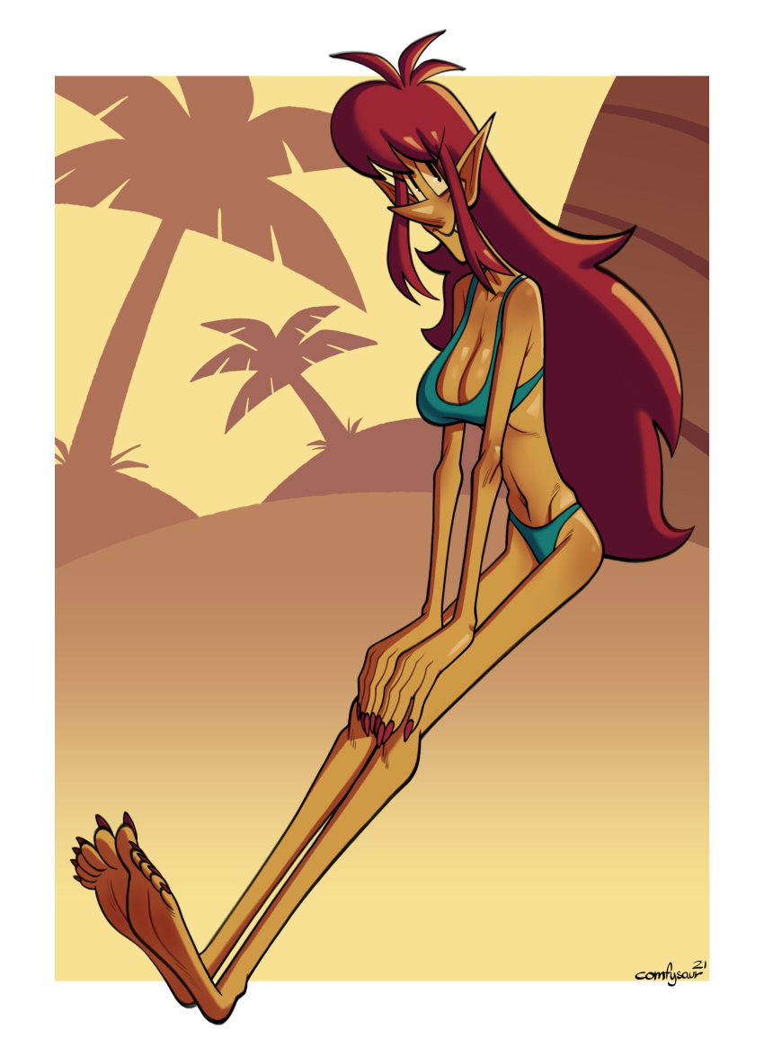 1girls 2021 2d_(artwork) barefoot bikini comfysaur female_only jongrave long_hair_female looking_at_viewer mila_(comfysaur) palm_trees pointed_ears pointy_nose simple_background sitting smiling_at_viewer solo_female sunset swimsuit thin_female troll