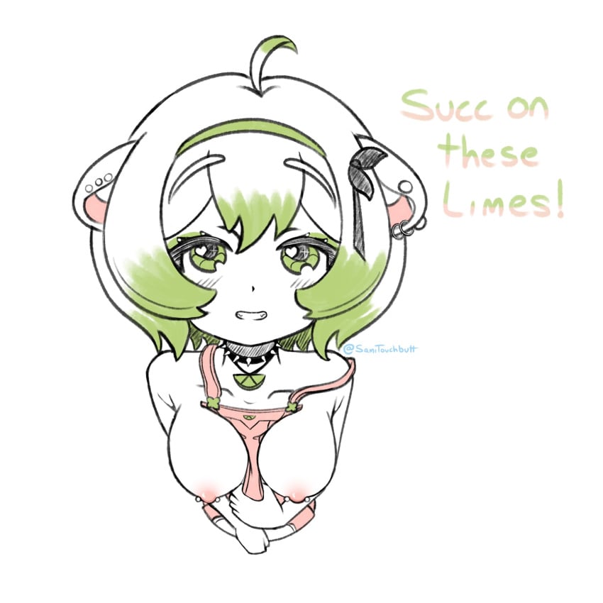 1girls ahoge animal_ears artist_name blush breasts choker collarbone ear_piercing earrings english_text exposed_breasts female ferret ferret_girl flashing flashing_breasts green_eyes green_headband green_highlights grin headband indie_virtual_youtuber inviting_to_suck laimu lime looking_at_viewer looking_up medium_breasts multicolored_hair multicolored_text necklace nipple_piercing nipples overalls overalls_only piercing pink_clothing pink_overalls raised_eyebrows samitouchbutt short_hair simple_background smile smiling_at_viewer sparkling_eyes spiked_choker spiked_collar vinesauce virtual_youtuber vtuber white_background white_hair