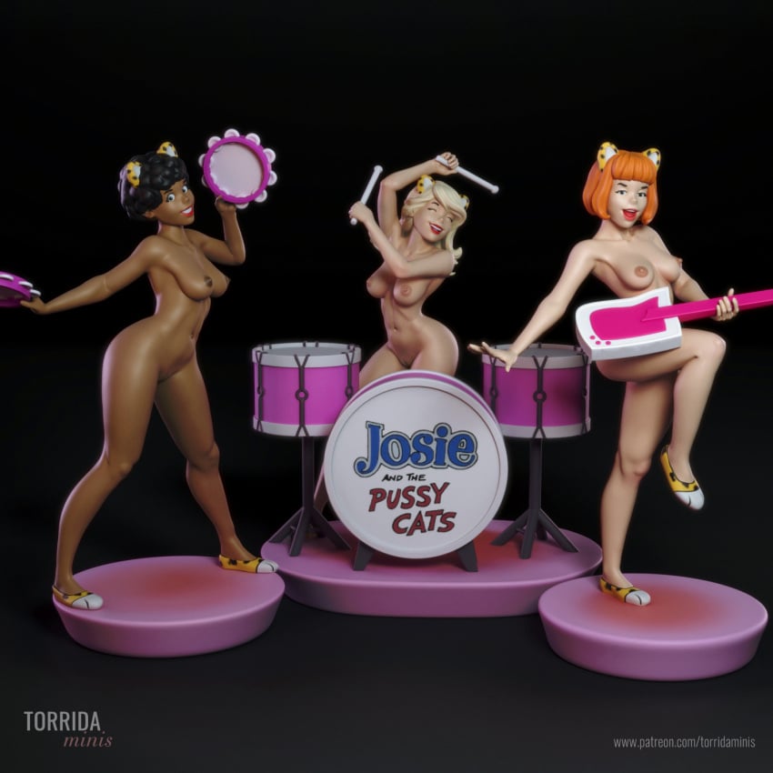 3d 3girls band black_hair blonde_hair breasts casual dark_nipples dark_skin drum drumsticks female footwear guitar human josie_and_the_pussycats josie_mcoy melody_valentine musical_instrument nonsexual_nudity pale_skin red_hair stage tambourine torrida valerie_brown