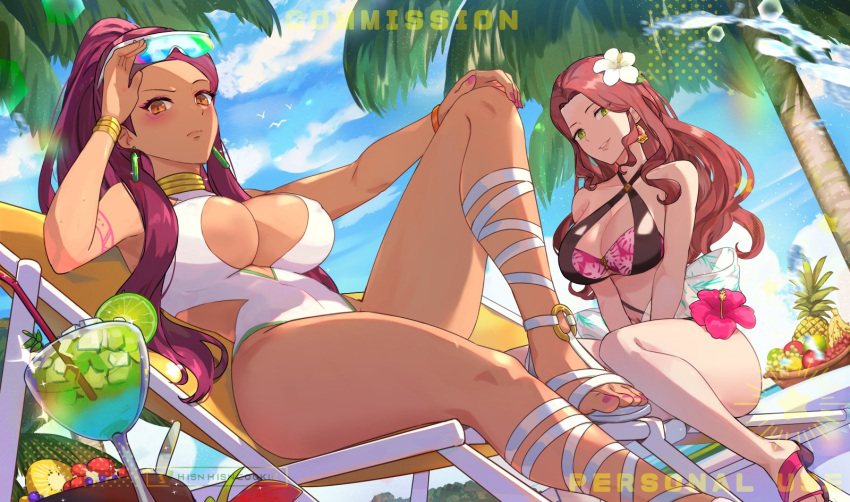 2girls alternate_costume beach_chair bikini black_bikini black_swimsuit breasts brown_eyes brown_hair covered_nipples cup dark-skinned_female dark_skin dorothea_arnault earrings female female_only fire_emblem fire_emblem:_three_houses flower food fruit green_eyes hair_flower hair_ornament hibiscus highres hsin jewelry large_breasts long_hair looking_at_viewer multiple_girls nintendo one-piece_swimsuit outdoors palm_tree petra_macneary pink_bikini pink_swimsuit purple_hair sunglasses swimsuit tree two-tone_bikini white_one-piece_swimsuit white_swimsuit