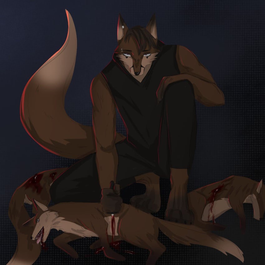 1:1 anthro black_clothing blood bodily_fluids brown_body brown_fur brown_hair canid canine clothed clothing death ear_piercing eyebrow_piercing eyebrows facial_piercing feral fox fur hair hi_res kais_(yourumi) killing kneeling kneeling_on_ground kneeling_on_one_leg knife looking_at_viewer male male_focus mammal piercing scratches solo tail violence weapon white_body white_fur wounded yourumi