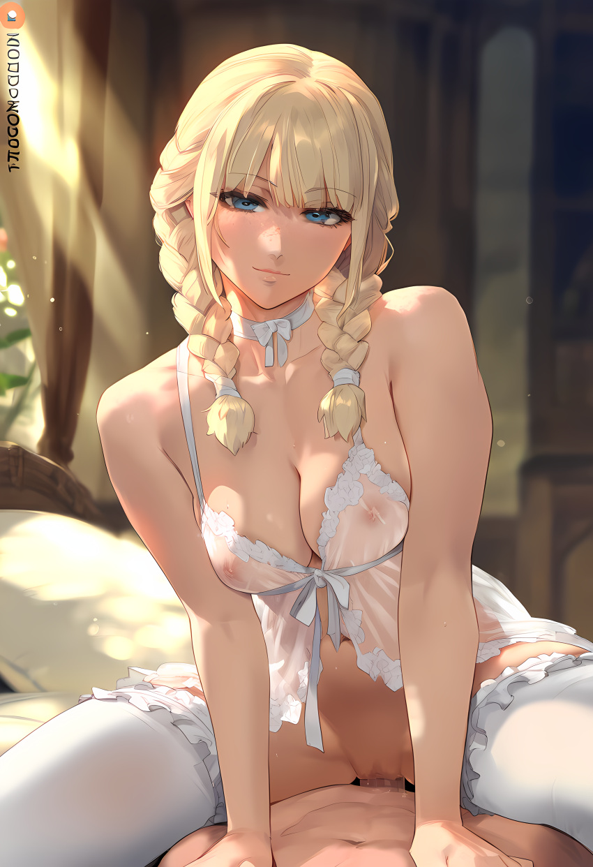 1boy 1girls absurd_res absurdres ai_generated athletic_female babydoll bear34 bed blonde_hair blue_eyes blush bodily_fluids braided_hair breasts choker cowgirl_position female freckles freckles_on_face highres jordis_the_sword_maiden jordis_the_sword_maiden_(bijin) light-skinned_female lingerie long_hair looking_at_viewer medium_breasts nipples nipples_visible_through_clothing nord sex skyrim smile solo_focus straight sweat the_elder_scrolls thighhighs tied_hair twin_braids vaginal_juices vaginal_penetration vaginal_sex white_choker white_lingerie white_thighhighs