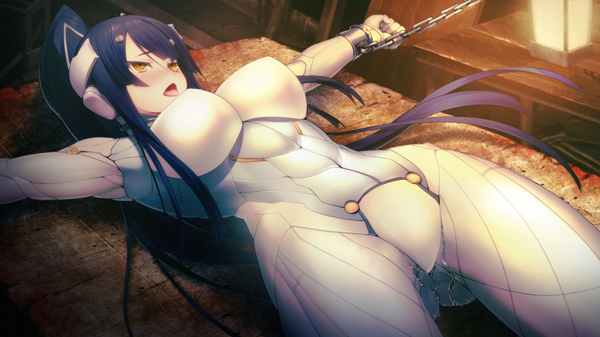 blue_hair blush bodysuit bondage breasts clenched_hands female game_cg gijou_mitsumi headgear highres impossible_clothes indoors large_breasts legs long_hair lying nitroplus on_back oosaki_shin'ya open_mouth ponytail pussy_juice raised_eyebrows restrained solo sweatdrop thighs tied_hair tied_up tokyo_necro wet yellow_eyes