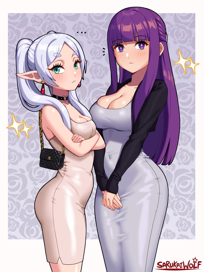 2girls big_breasts busty choker cleavage curvy dress earrings elf elf_ears elf_female female female_only fern_(sousou_no_frieren) frieren green_eyes light-skinned_female light_skin multiple_girls pointy_ears purple_eyes purple_hair purse sarukaiwolf small_breasts small_waist sousou_no_frieren stars tight_clothing tight_dress white_hair wide_hips