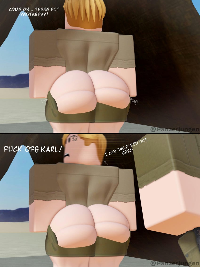 1boy 2024 2boys 3d anger_vein angry big_ass blonde_hair bottomless bubble_butt cellulite clothed comic curvy dat_ass dialogue english_text erich_kraus fat_ass femboy gay huge_ass karl_hartmann male/male massive_ass military military_uniform motion_blur motion_lines nude open_mouth outside panzerjungen roblox robloxian struggling_to_fit tagme tent thick_ass thick_thighs tight_clothing tight_fit twitter_username voluptuous