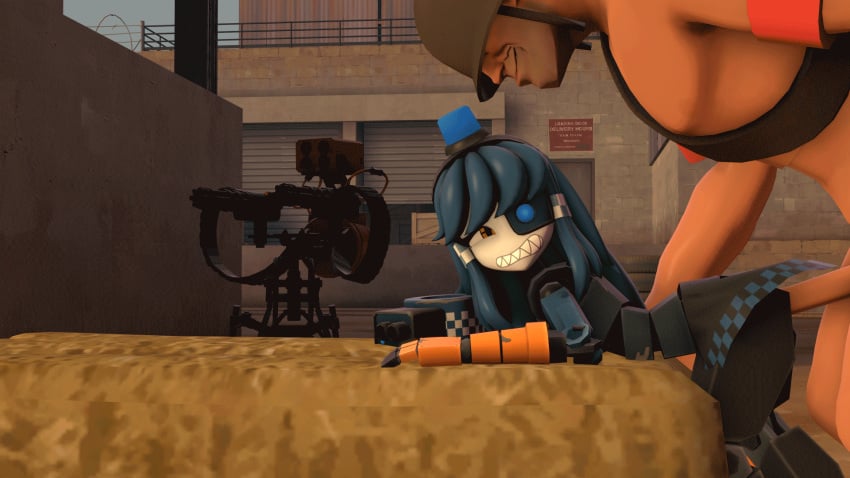 1boy 1girls 3d 3d_model animated animated_gif blue_body blue_hair blue_team_(team_fortress_2) doggy_style female from_behind from_behind_position gun_arm leaning_on_object male mimi_sentry nude_male nude_male_clothed_female outside red_team_(team_fortress_2) robot robot_girl robot_humanoid sentry_(team_fortress_2) sentry_turret sex sfm sharp_teeth skirt soldier_(team_fortress_2) tagme team_fortress_2 teeth_clenched teeth_visible tf2 twin_braids vaginal_penetration valve valve_(company)