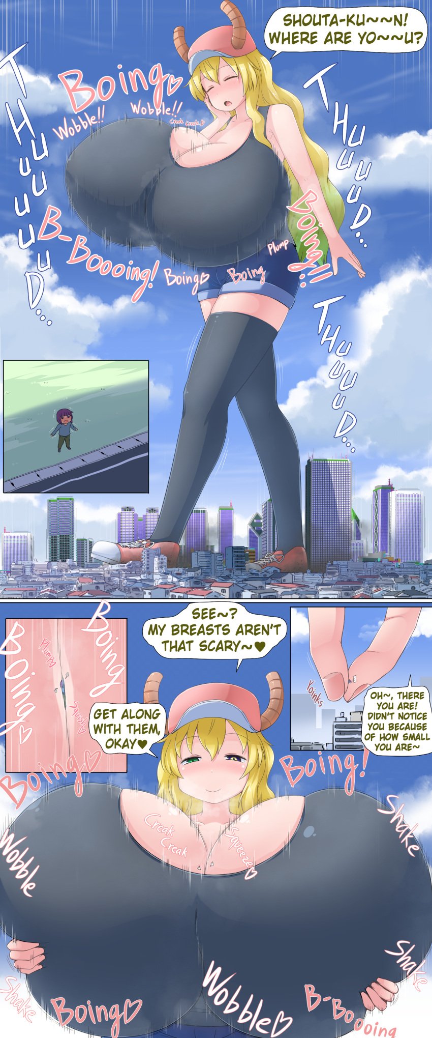 2d alternate_breast_size between_breasts blonde_hair breast_squeeze breast_squish city color dragon_girl giantess gigantic_breasts horns larger_female lucoa_(maidragon) macro magatsuchi_shouta manga micro miss_kobayashi's_dragon_maid ochiko_terada onomatopoeia outside quetzalcoatl_(dragon_maid) shoes size_difference smaller_male sneakers terada_ochiko text text_bubble translated ydnkm