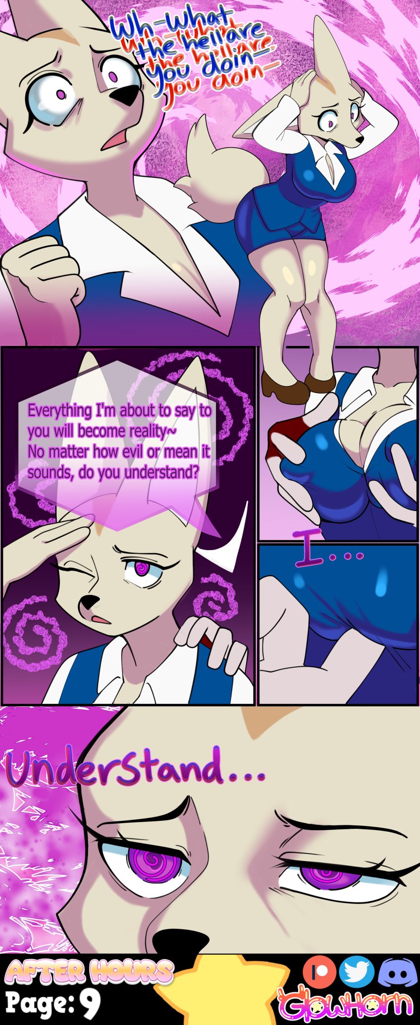 abstract_background absurd_res aggressive_retsuko aggretsuko anthro artifact_the_fox big_breasts big_ears black_nose blue_clothing blue_shirt blue_topwear bottomwear brainwashing breast_grab breasts broken_glass brown_body brown_fur canid canine clothed clothing collared_shirt comic comic_page corrupted corruption dialogue dominant dominant_male duo female fennec_fox fenneko finger_on_pussy fingering fluffy fluffy_tail footwear fox full-length_portrait fur furry glass glowhorn grabbing_head hand_on_breast hand_on_shoulder head_grab hi_res high_heels hypnosis imminent_sex male male/female mammal mind_control nervous nipples office office_clothing open_mouth pink_eyes portrait pupils red_body red_fur sanrio scared scared_expression scared_face shirt shoes simple_background skirt small_pupils spiral_background spiral_eyes spiral_pupils submissive submissive_female tail topwear trance true_fox white_body white_clothing white_fur white_shirt white_topwear