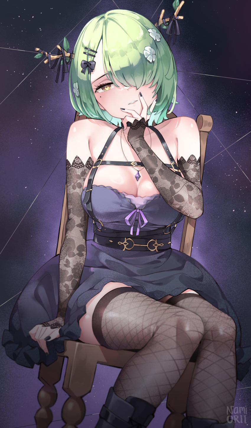 1girls 2d artist_name bare_shoulders big_breasts black_boots black_dress black_nails boots breasts ceres_fauna chair dress female female_only flower flower_in_hair green_hair hair_ornament hair_over_one_eye hololive hololive_english hololive_english_-council- hololive_english_-promise- horns large_breasts looking_at_viewer mole mole_under_eye nail_polish namiorii necklace ribbon ribbon_in_hair short_hair sitting sitting_on_chair sleeves sleeves_past_wrists solo thighhighs virtual_youtuber vtuber yellow_eyes