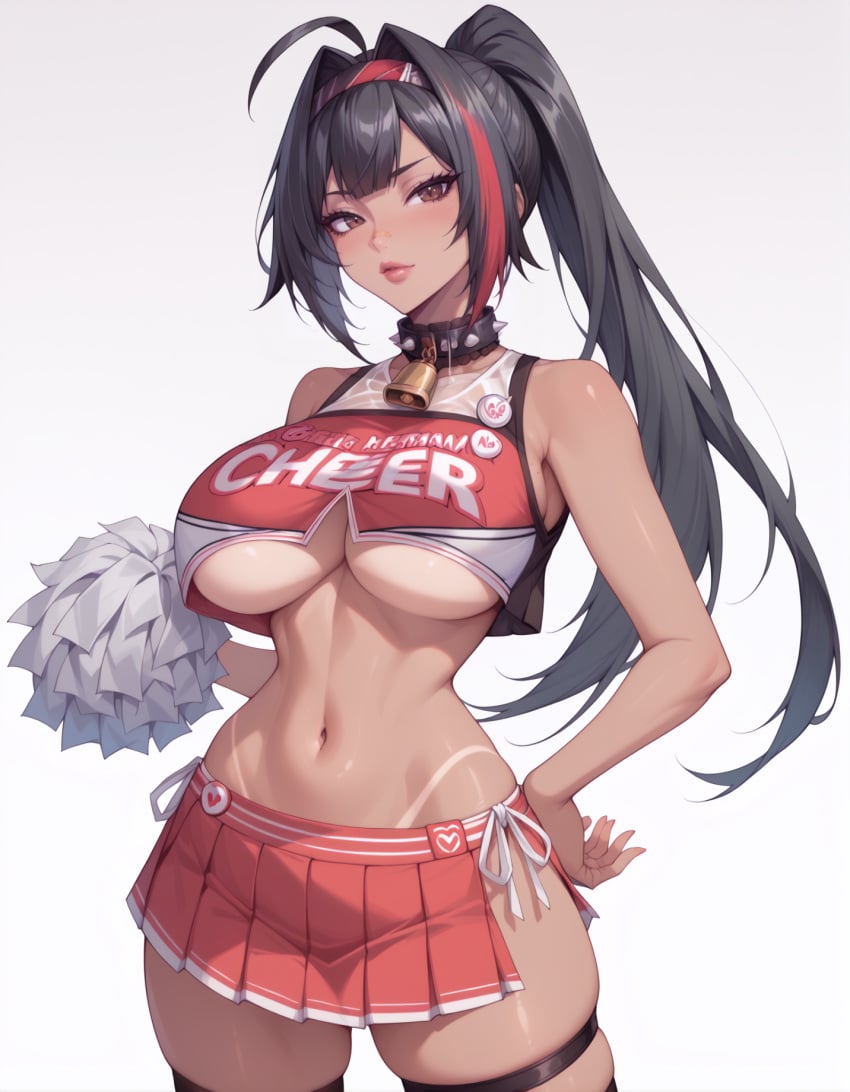 1girls ai_generated bay_(nikke) brown_eyes cheerleader dark_hair goddess_of_victory:_nikke hair_highlights large_breasts leg_stockings legwear lewdwaifulaifu long_hair looking_at_viewer ponytail slim_waist tanline thick_thighs underboob