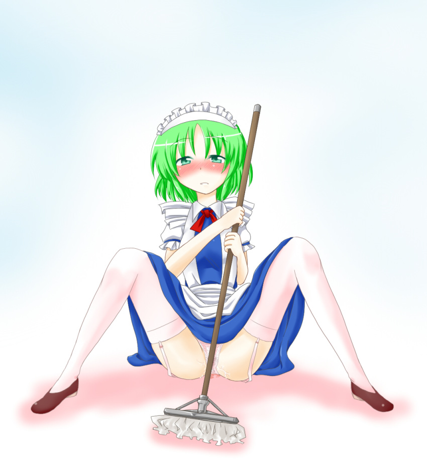 aqua_eyes blush eitaisa female green_hair legs ruukoto short_hair spread_legs touhou touhou_(pc-98)