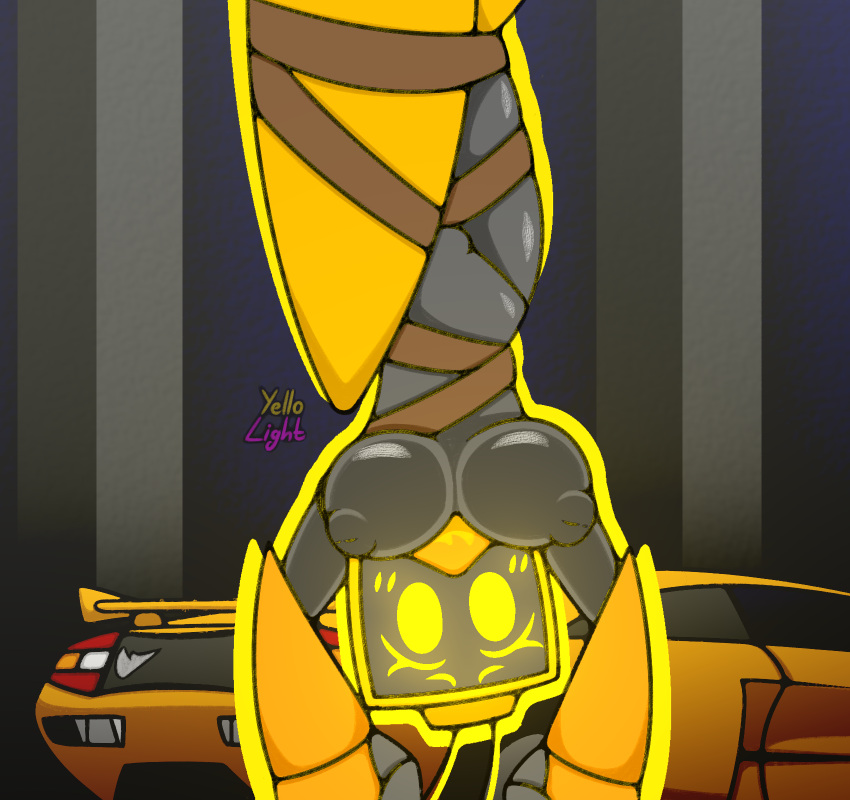 1girls embarrassed embarrassed_nude_female ena_(yellolight) enf female_focus female_only lamborghini rhinodini_(yellolight) robot robot_girl screen_face suspension tv_head upside-down yellolight