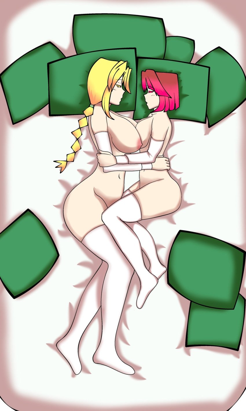 alisha alisha_ahsila bete_noire betty_noire big_breasts breasts brown_hair closed_eyes glitchtale green_pillow long_hair long_socks naked nipples pillows red_hair short_hair sleeping small_boobs tied_hair white_socks yazu_(artist) yellow_hair z!betty